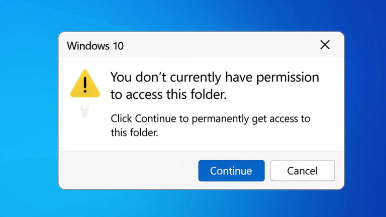 Windows 10 dialog stating that permission is required to access a folder and prompting the user to continue to obtain access.