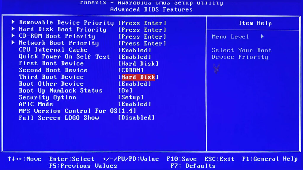 BIOS Advanced Features screen showing first, second, and third boot device priorities for removable media, hard drives, and optical drives.