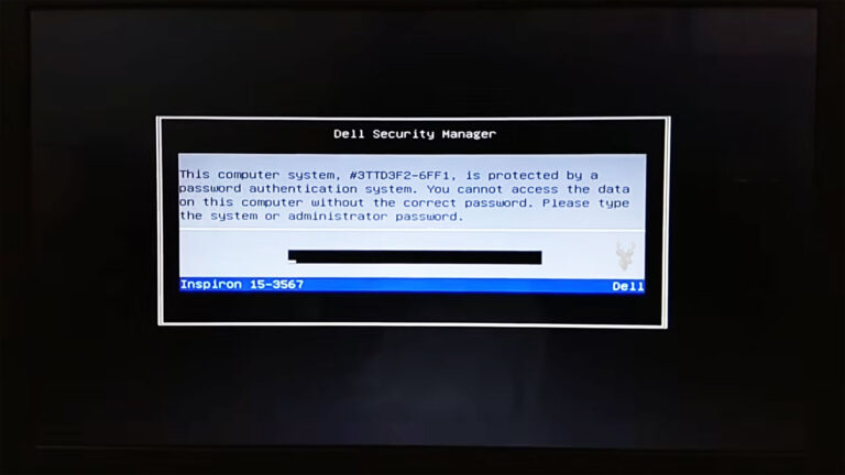 Dell Security Manager screen requesting the system or administrator BIOS password before the computer can continue booting.