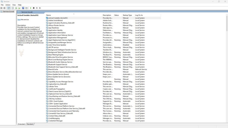 Windows Services console displaying a list of local services used to diagnose background services that fail to start.