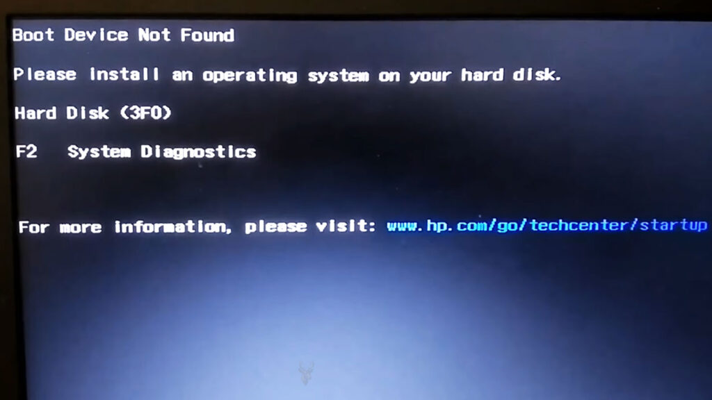 Black startup screen displaying “Boot Device Not Found” and “Hard Disk 3F0,” indicating that the computer cannot locate a bootable drive.