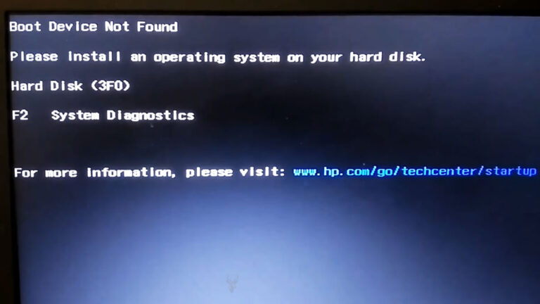 Black startup screen displaying “Boot Device Not Found” and “Hard Disk 3F0,” indicating that the computer cannot locate a bootable drive.