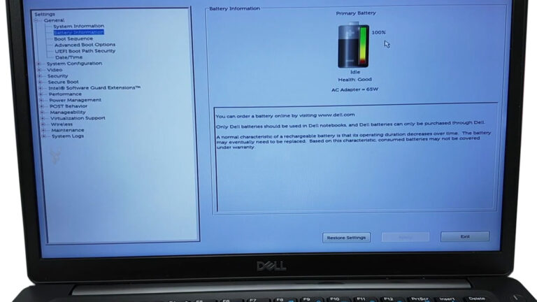 Dell BIOS Battery Information screen displaying the laptop battery health, condition, and charging status.