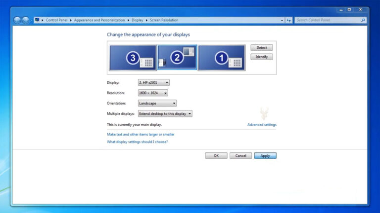 Windows 7 Screen Resolution settings showing multiple connected displays and available resolution options during display troubleshooting.
