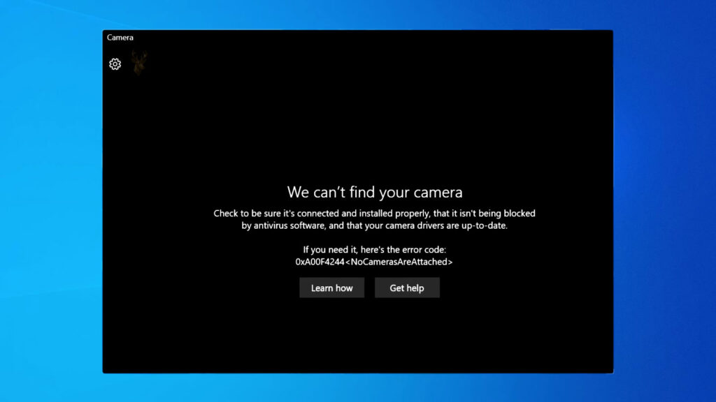 Windows Camera application reporting that no camera was found and displaying troubleshooting information for webcam access.