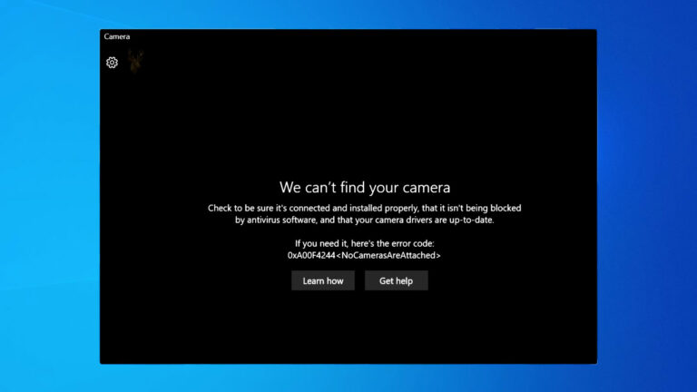 Windows Camera application reporting that no camera was found and displaying troubleshooting information for webcam access.