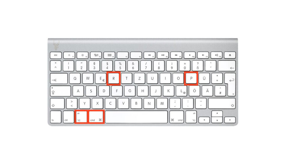 Mac keyboard with the Command, Option, P, and R keys highlighted for performing an NVRAM reset.