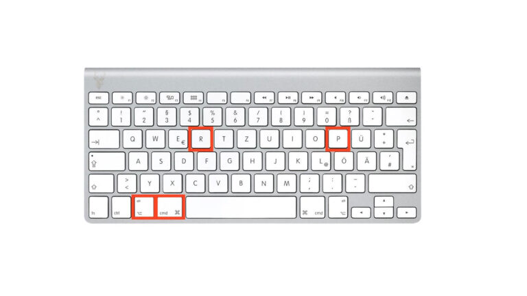 Mac keyboard with the Command, Option, P, and R keys highlighted for performing an NVRAM reset.