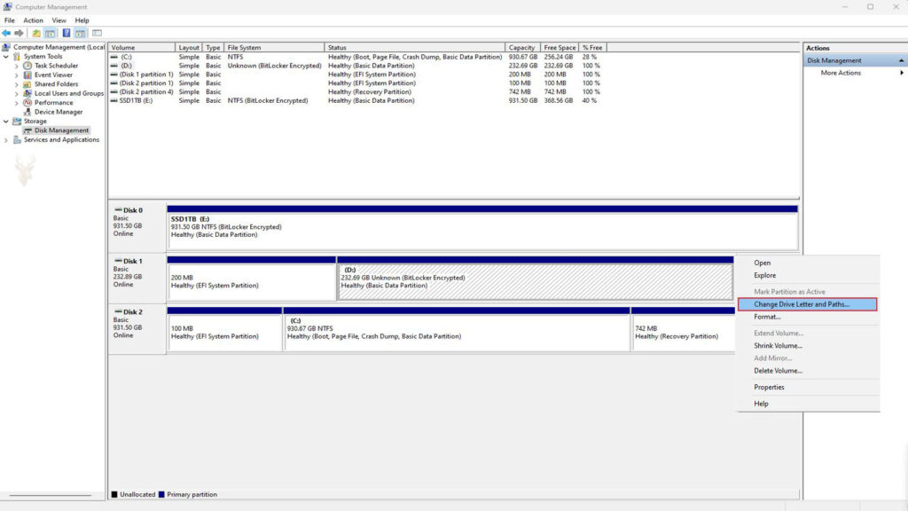 Windows Disk Management with a partition selected and the Change Drive Letter and Paths option highlighted.