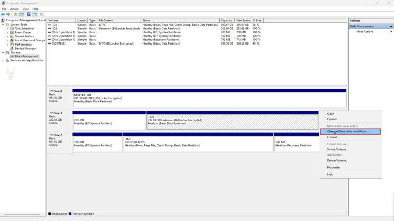 Windows Disk Management with a partition selected and the Change Drive Letter and Paths option highlighted.