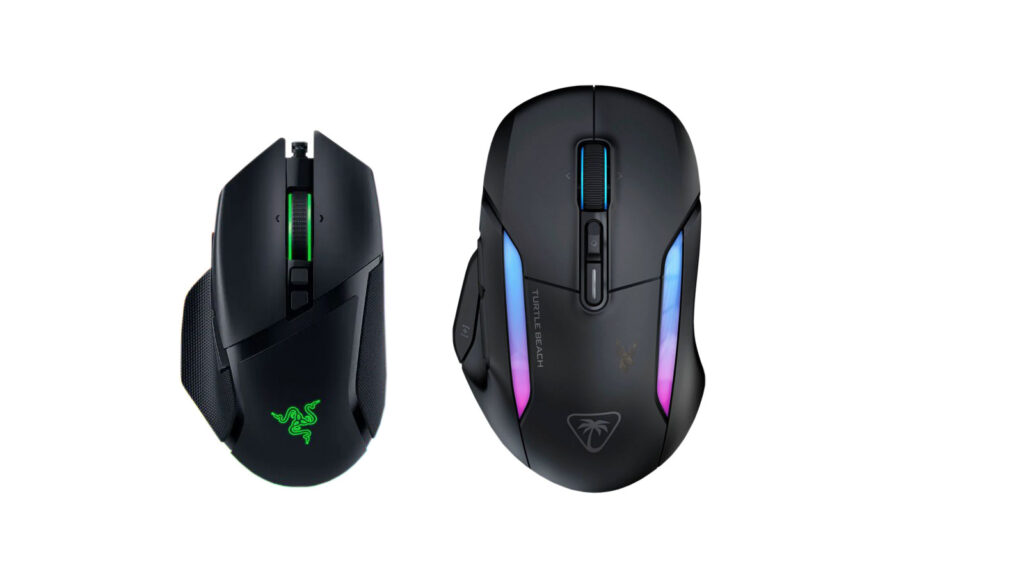 Two high-performance gaming mice representing polling rate settings that can affect responsiveness and gameplay smoothness.