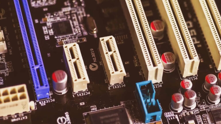 Desktop motherboard showing multiple PCI Express and legacy PCI expansion slots used by different hardware devices.