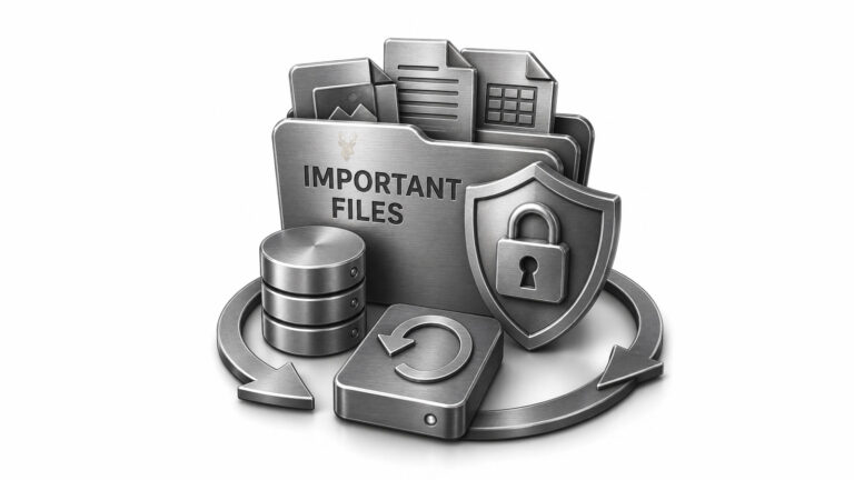 Backup folder with files, a security shield with a padlock, and a database icon representing data protection and backup.