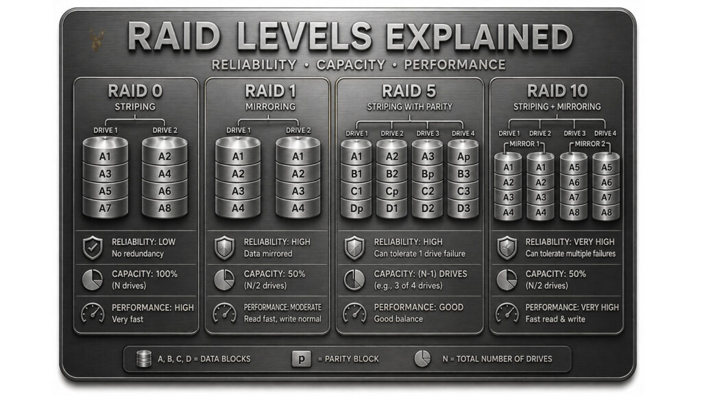 Diagram comparing RAID 0, RAID 1, RAID 5, and RAID 10 by reliability, usable capacity, and storage performance.