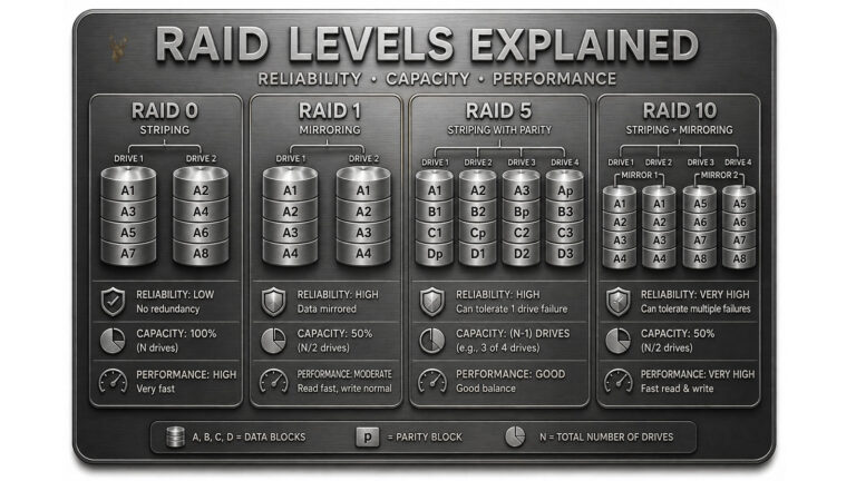 Diagram comparing RAID 0, RAID 1, RAID 5, and RAID 10 by reliability, usable capacity, and storage performance.