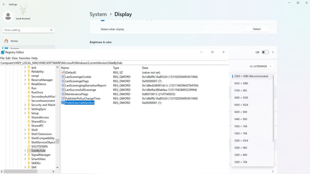 Windows Display settings and Registry Editor showing resolution options and a PreferExternalManifest entry for remote desktop scaling problems.