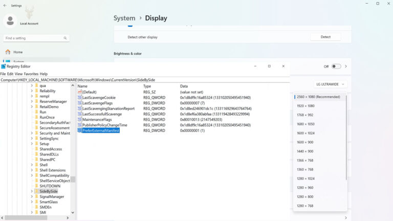 Windows Display settings and Registry Editor showing resolution options and a PreferExternalManifest entry for remote desktop scaling problems.