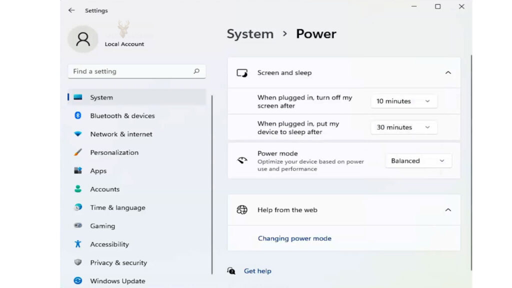 Windows Power settings showing Screen and sleep options that can interrupt an active remote support session.