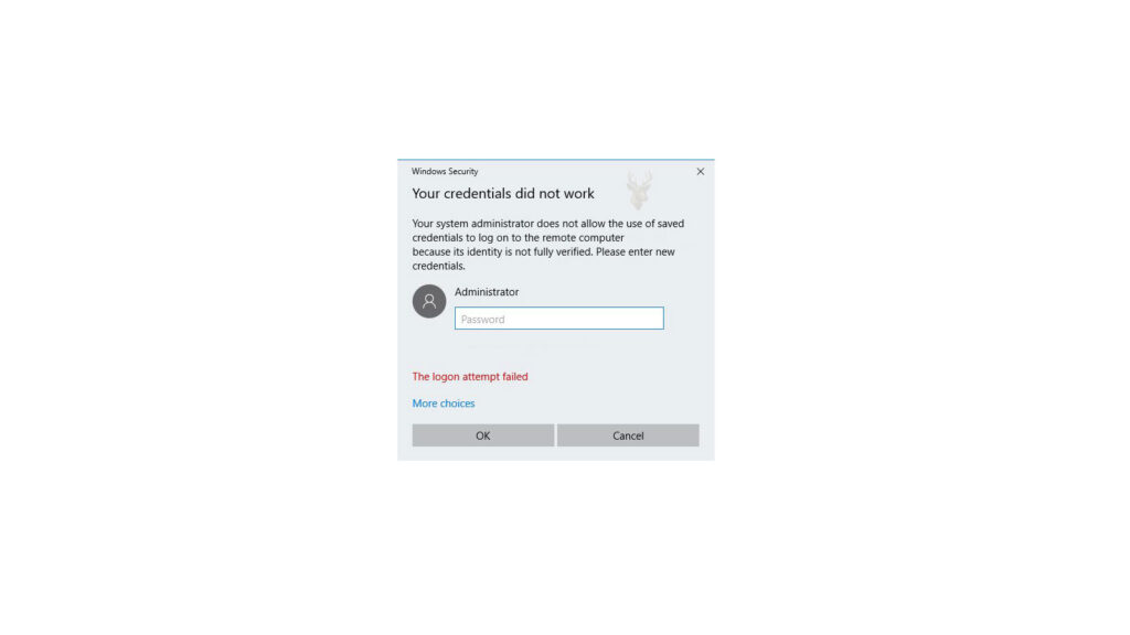 Windows Security dialog reporting that saved credentials cannot be used for a remote computer and requesting the password again.
