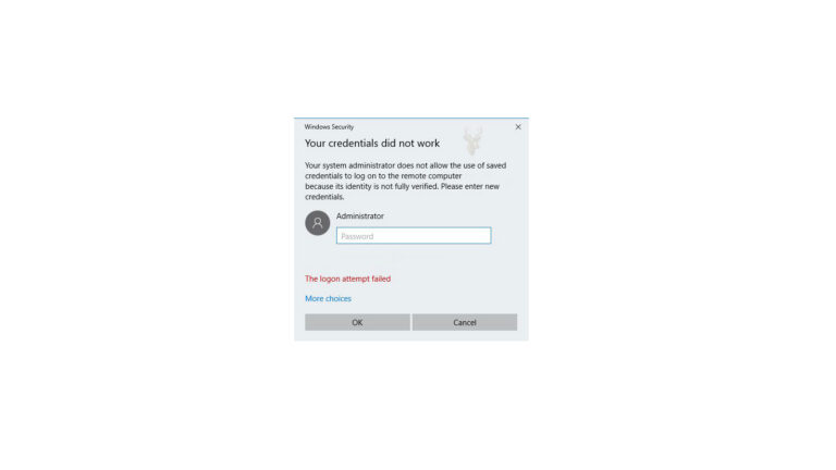 Windows Security dialog reporting that saved credentials cannot be used for a remote computer and requesting the password again.