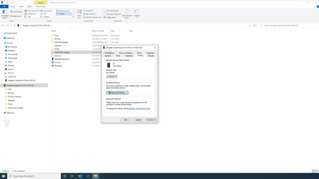 Windows folder Properties opened to the Sharing tab with Advanced Sharing ready to configure a folder on an external drive.
