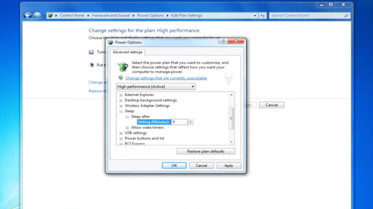 Windows 7 Power Options showing the High Performance power plan with advanced Sleep settings being modified.