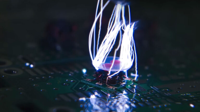 Electronic computer component experiencing an electrostatic discharge, illustrating the risk of static electricity during hardware handling.