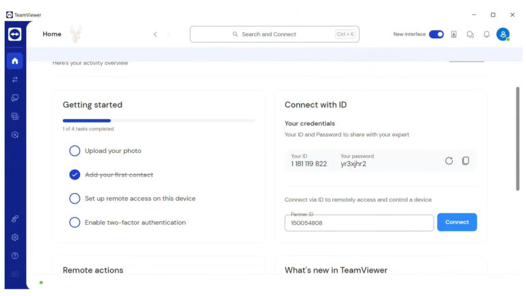 TeamViewer window displaying a temporary ID and password used to grant remote support access.