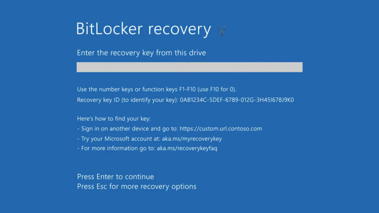 Windows BitLocker Recovery screen prompting for the recovery key to unlock an encrypted drive during startup.