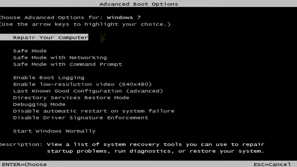 Windows 7 Advanced Boot Options screen showing Safe Mode, Safe Mode with Networking, Safe Mode with Command Prompt, and other startup options.
