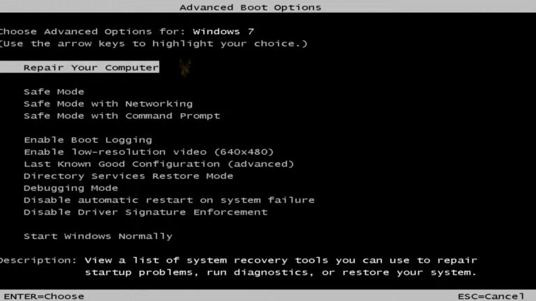 Windows 7 Advanced Boot Options screen showing Safe Mode, Safe Mode with Networking, Safe Mode with Command Prompt, and other startup options.