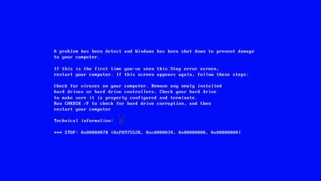 Windows blue screen error stating that the system was shut down to prevent damage and displaying troubleshooting instructions.