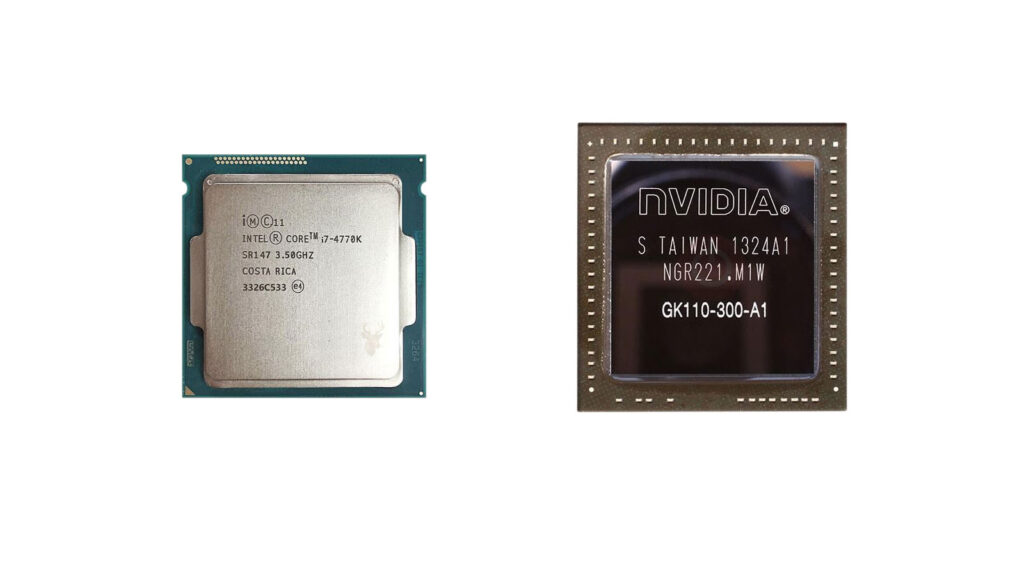 Intel Core i7-4770K CPU beside an NVIDIA GK110 graphics processor, illustrating the difference between general-purpose and parallel processing.