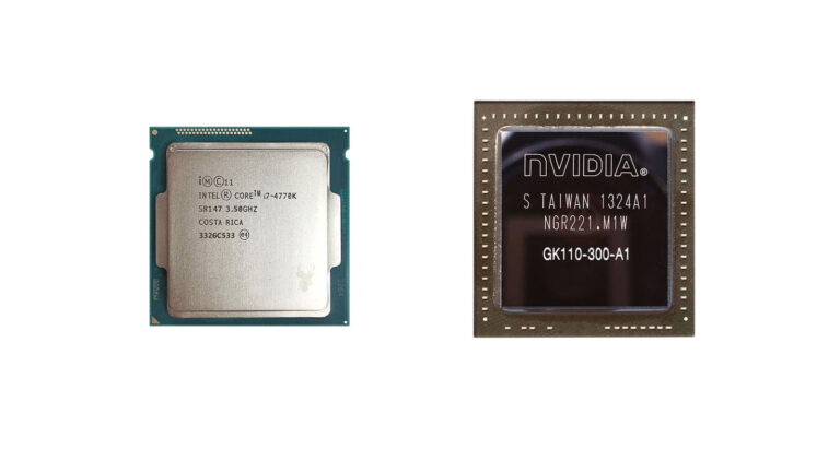 Intel Core i7-4770K CPU beside an NVIDIA GK110 graphics processor, illustrating the difference between general-purpose and parallel processing.