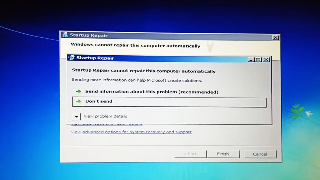 Windows 7 Startup Repair screen indicating that Windows cannot repair the computer automatically after a startup problem.
