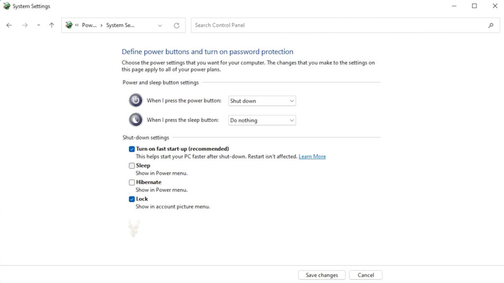 Windows System Settings showing the Turn on fast startup (recommended) option enabled.