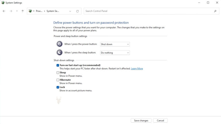 Windows System Settings showing the Turn on fast startup (recommended) option enabled.