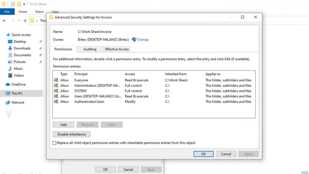 Windows Advanced Security Settings window displaying file ownership and permission entries after files were moved to another drive.