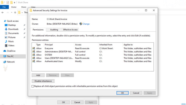 Windows Advanced Security Settings window displaying file ownership and permission entries after files were moved to another drive.