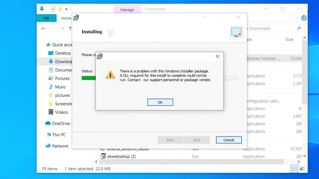 Windows program installation interrupted by an error stating that a required DLL could not be run.