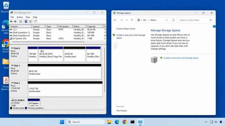 Windows Disk Management and Storage Spaces windows showing multiple physical drives and the Manage Storage Spaces interface.