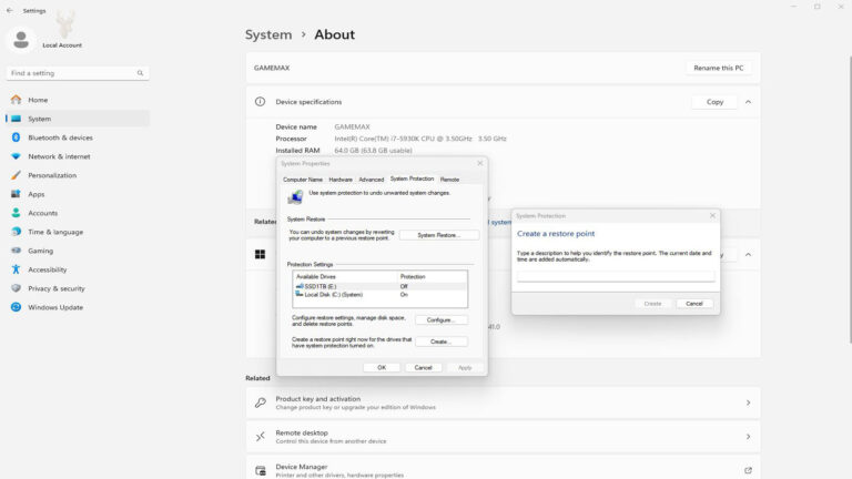 Windows System Protection settings with the Create a Restore Point dialog open for naming a new restore point.