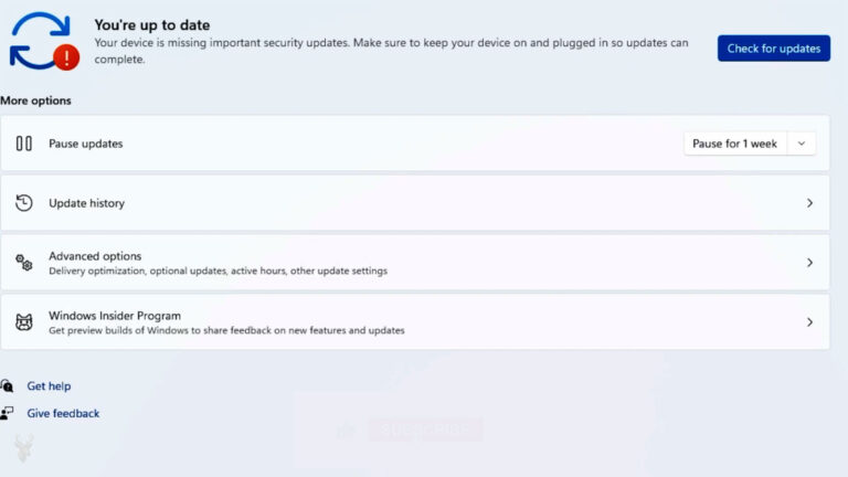 Windows Update screen reporting that the device is up to date while also displaying a warning that important security updates are missing.
