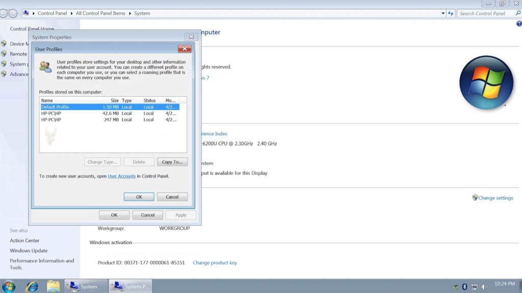 Windows 7 System Properties showing the User Profiles list during troubleshooting of missing desktop settings.
