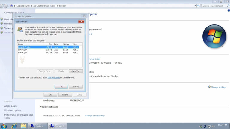Windows 7 System Properties showing the User Profiles list during troubleshooting of missing desktop settings.