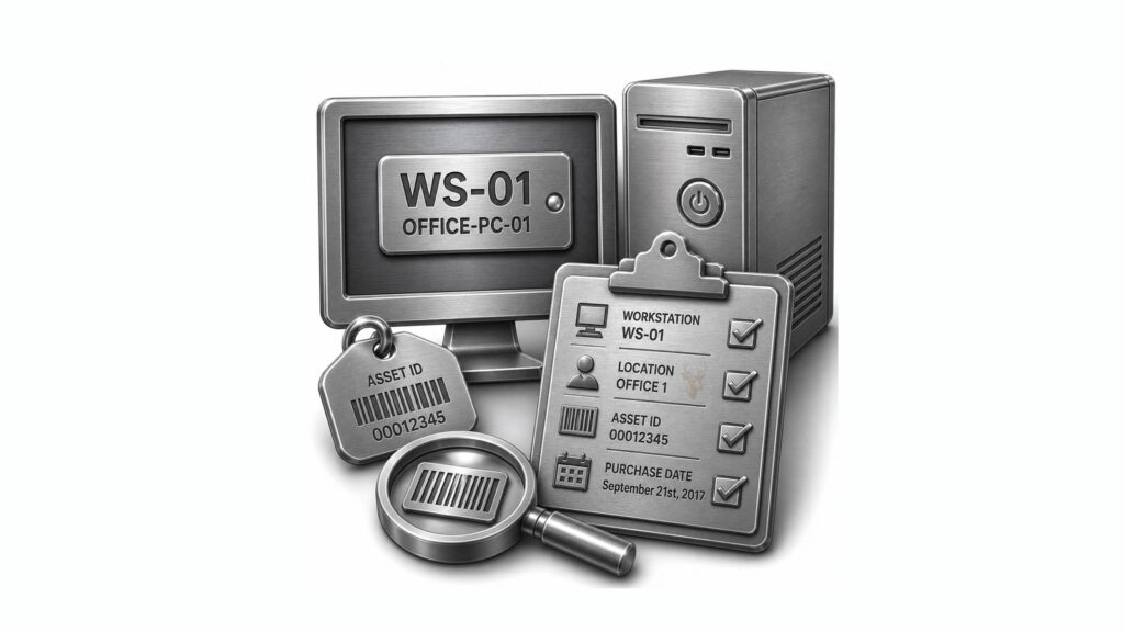 Office computer labeled WS-01 beside an asset tracking clipboard showing the workstation name, location, asset ID, and purchase date.