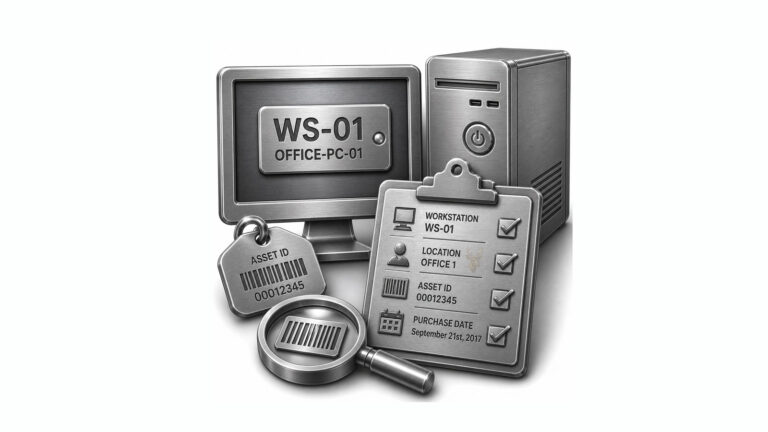 Office computer labeled WS-01 beside an asset tracking clipboard showing the workstation name, location, asset ID, and purchase date.